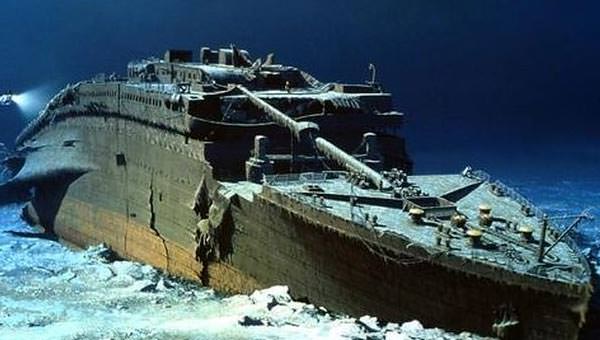 The wreckage of the Titanic lying in the deep Atlantic.