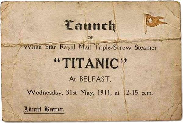 A ticket to the launch of the Titanic, given to Mr David Moneypenny, a painter employed by Harland & Wolff.