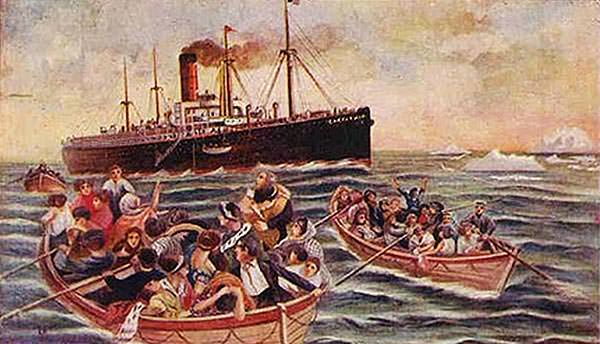The Titanic rescue ship Carpathia, with survivors approaching in lifeboats, as depicted on a postcard published in 1912.